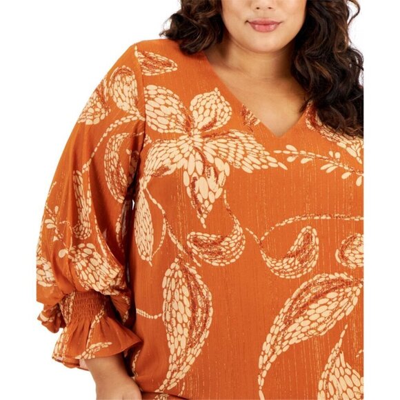 VINCE CAMUTO Plus Size Orange Blouson-Sleeve Smocked-Cuff V-Neck Blouse NWT - Picture 2 of 5